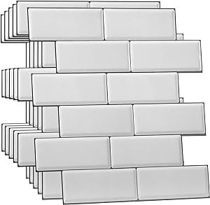 WALPLUS 40 Sheets Peel and Stick Kitchen Backsplash Tile Stickers Self Adhesive on Subway 12'' x 6'' Bathroom Splashback Water Heat Resistant 3D Wall Tiles Pure White Glossy Subway Metro