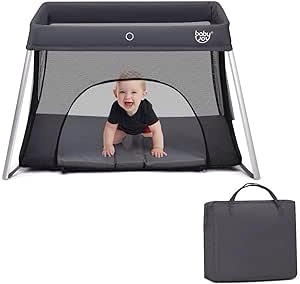 Travel Crib, Portable Crib for Baby Travel, Lightweight Travel Crib Foldable Playpen with Soft Mattress, Carry Bag for Babies to Toddler Grey