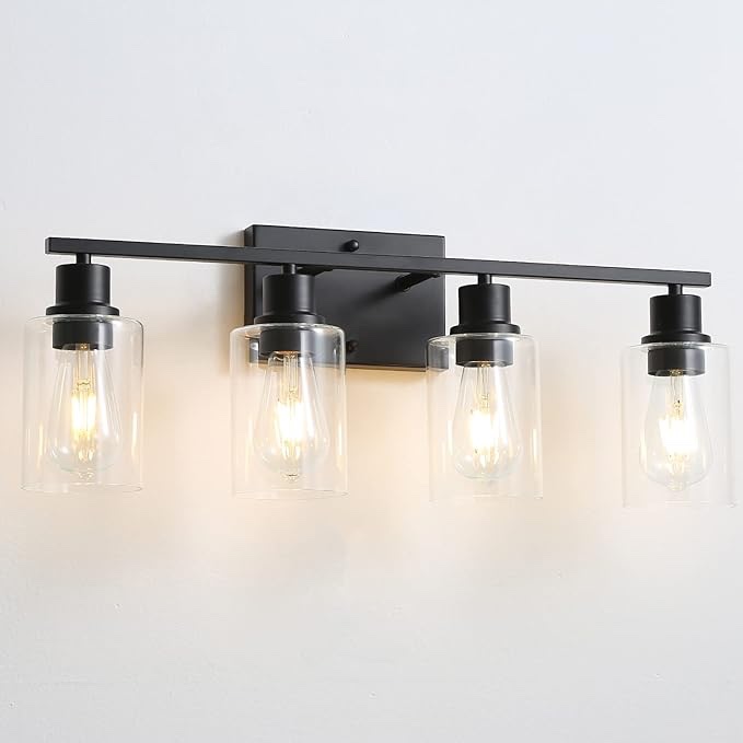 EMONG 4-Lights Bathroom Light Fixtures, Matte Black Vanity Light with Glass Shade, Modern Wall Sconces Lighting for Bathroom,Mirror,Farmhouse,Hallway