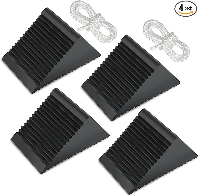 TONDA Wheel Chocks with Ropes, Heavy Duty Rubber Wheel Wedge for Car, Travel Trailer, RV - 4.8"×3"×3" - 4 Pack, Black