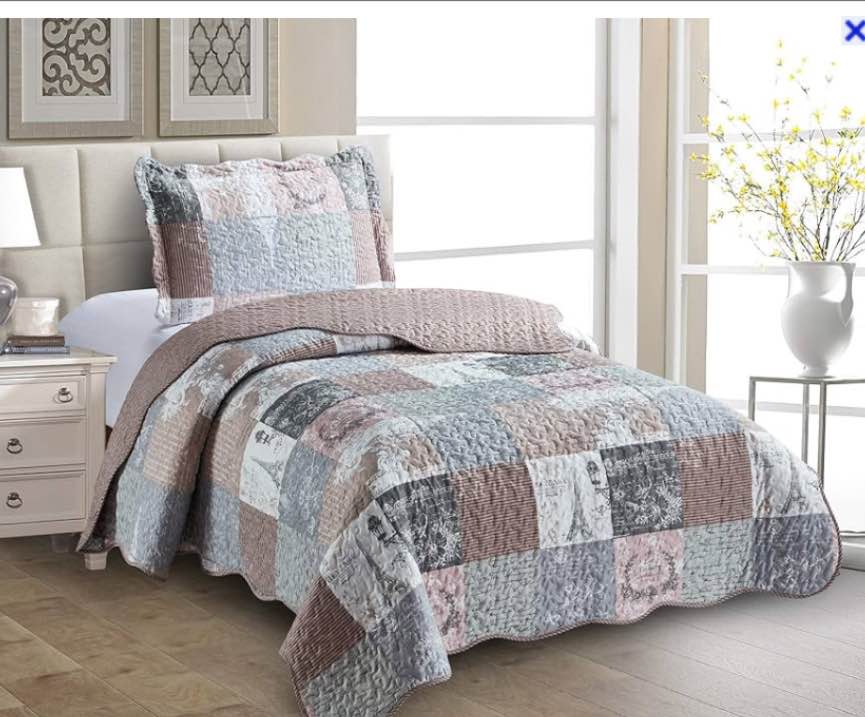 Brilliant Sunshine Latte Grey Paris and Toile Floral Patchwork, 2-Piece Quilt Set with 1 Sham, Reversible Bedspread, Soft Lightweight Coverlet, All-Season, Twin, Latte Grey