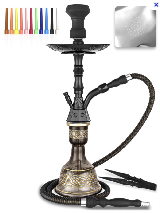 Hookah Set 23'' Shisha Hookah Complete Set Egyptian Hookah With Glass Vase, Silk Hookah Hose, Black Clay Bowl, Coal Tong, 50 Hookah Foil, 50 Hookah Disposable Tips (Matte black)