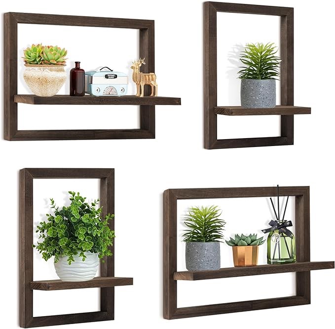 idee-home Square Floating Shelves for Wall, Home Decor Square Floating Shelf Wood Floating Shelves Set of 4, Hanging Shelves Wall Mounted Shelves for Bathroom, Living Room Storage Dark Brown