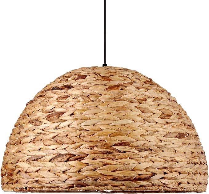 Hand Woven Rattan Pendant Lighting Fixture, 1-Light Bohemian Weaving Dome Natural Basket Ceiling Hanging Light, Farmhouse Coastal Adjustable Chandelier for Kitchen Island, Living Room, Dining Room 50cmx30cm