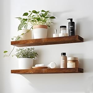 24 Inch Floating Shelves Set of 2, Rustic Solid Wood Wall Mounted Shelves for Decor & Storage, Dark Walnut Shelves for Bedroom Kitchen Living Room - Dark Walnut
