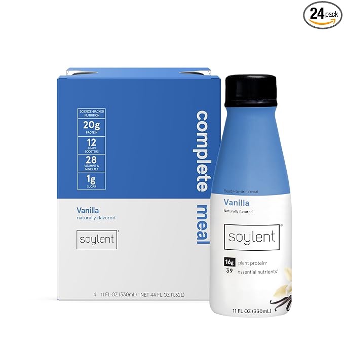 Soylent Vanilla Meal Replacement Shake, Ready-to-Drink Plant Based Protein Drink, Contains 16g Complete Vegan Protein and 1g Sugar, 11oz, 24 Pack