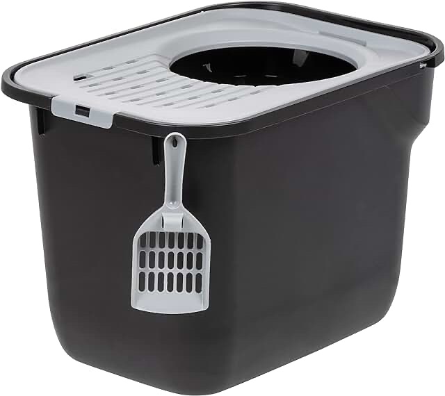 IRIS USA Rectangular Top Entry Cat Litter Box with Scoop, Large Kitty Litter Tray with Litter Catching Lid Less Tracking Dog Proof and Privacy Walls, Black/Gray