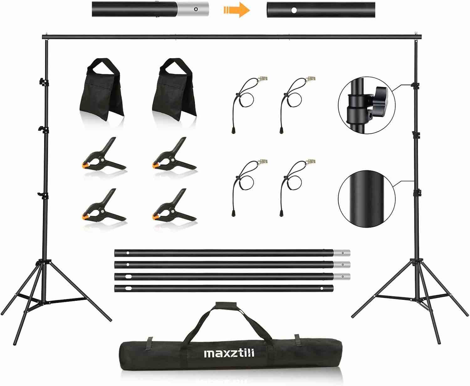 Backdrop Stand, Maxztill 8.5x10Ft Adjustable Photo Backdrop Stand Kit,Backdrop Stand for Parties,4 Crossbars,6 Background Clamps,4 Backdrop Clip Holder,2 Sandbags,1 Carry Bag for Wedding/Photoshoot