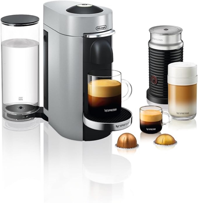 Delonghi ENV155SAECA Nespresso VertuoPlus Coffee & Espresso Maker with Aeroccino, Silver