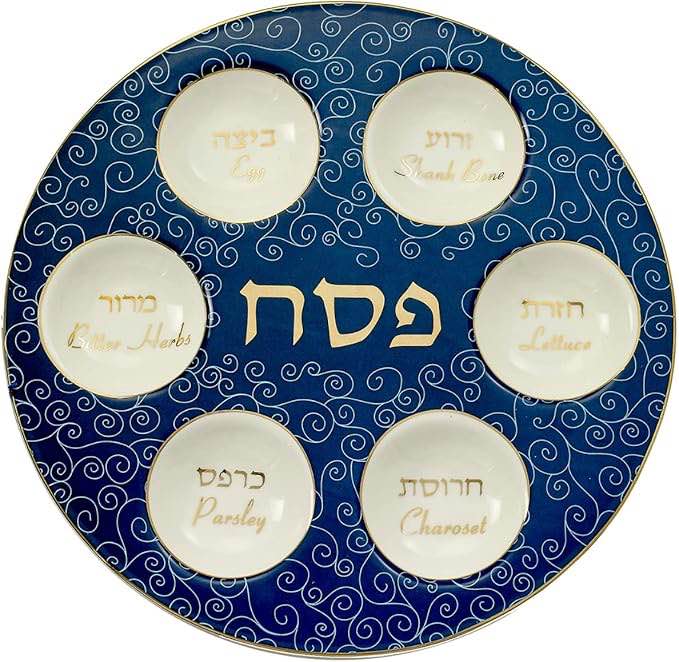 Rite Lite Blue & White Curlicue Seder Plate With Gold Accents - Elegant & Modern Pesach Seder Dish Recipe Hebrew & English Haggadah Traditional Jewish Holiday Party Decor (Seder Plate)