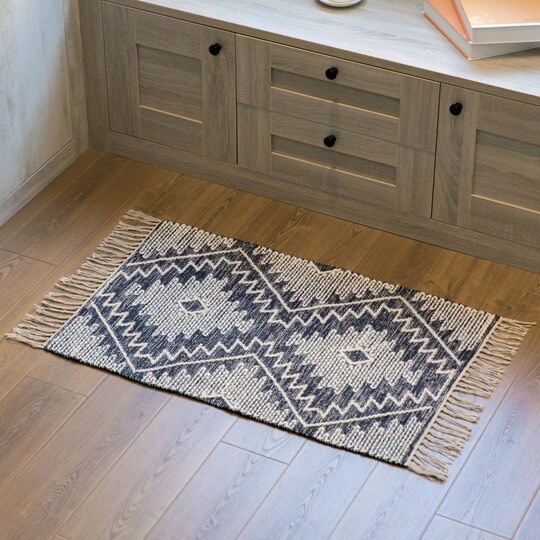DEERLUX Handwoven Blue Geometric Cotton Wool Flatweave Kilim Area Rug, 2' x 3'