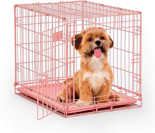 MidWest Homes for Pets Single Door iCrate 24" Pink Folding Metal Dog Crate w/ Divider Panel, Floor Protecting "Roller" Feet & Leak Proof Plastic Tray; 24L x 18W x 19H Inches, Small Dog Breed