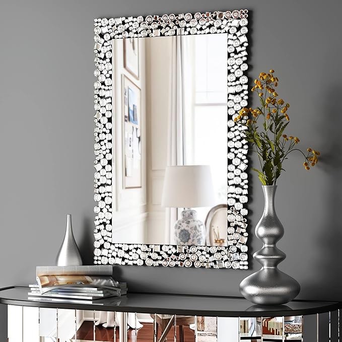 MUAUSU Rectangle Wall Mirror -39.3" Lx 27.5" Crystal Accent Mosaic Frame Decorative Wall Mirrors for Living Room, Bedroom, Entryway