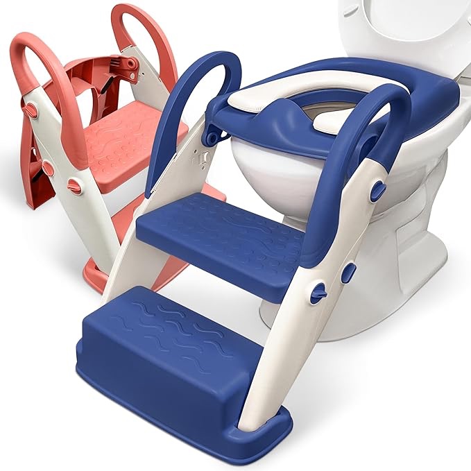 Upgrade 4-in-1 Toilet Seat & Step Stool - Blue Potty Training Toilet with 2 Step System for Kids Boys Girls Potty Training Seat with Step Ladder - Toddler Chair Splash Guard Anti-Slip Pad Step Stool