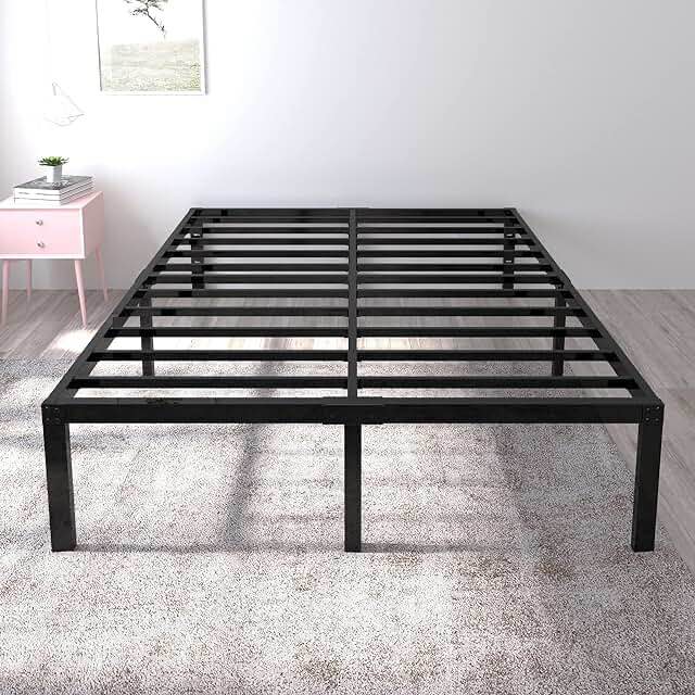 Rolanstar Bed Frame with Power Outlets& Led Lights, 14 Inch Metal Platform Bed Frame with Heavy Duty Steel Slat Support, Storage Space Beneath Bed, No Box Spring Needed, Noise Free, Black, Twin
