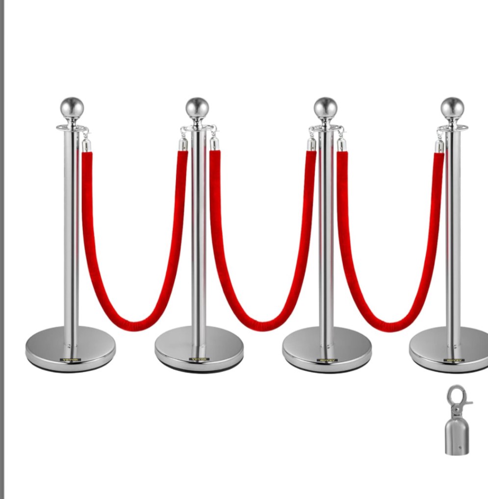 Stainless Steel Stanchion Post Queue 5 ft Red Velvet Rope Red Carpet Ropes and Poles Crowd Control Barriers Sand Injection Hollow Base and Velvet Ropes Set for Party Supplies (4 Pieces, Gold)