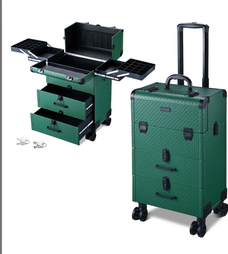 BYOOTIQUE Rolling Makeup Train Case Lockable Portable Cosmetic Organizer Trolley 2 Drawer Beauty Salon