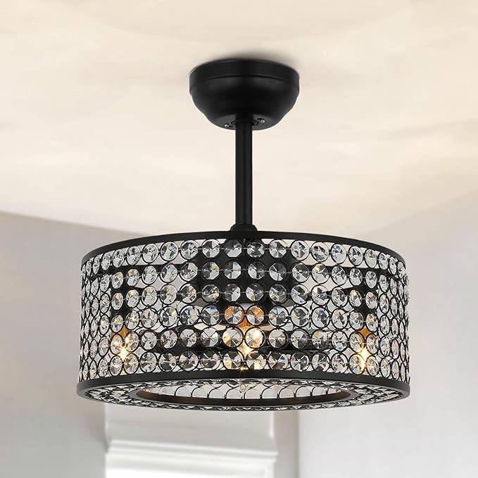 Dalouguan Caged Ceiling Fan with Light, 20" Black Industrial Bladeless Ceiling Fan with Lights and Remote, Luxury Crystal Ceiling Fan for Living Room Bedroom Kitchen