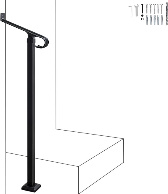 Migoda Stair Handrail Wrought Iron, Step Handrail Safety Non-Slip and Rust Resistant, Wall-to-Floor Mounted Handrail Fits 1-2 Steps for Indoor or Outdoor Stairs