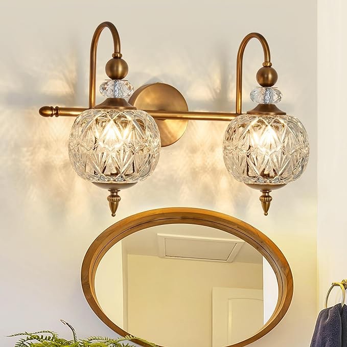 DAFKOS Vintage Gold Vanity Light with Glass Globe LampShade 2 Lights Mid Century G9 Bulb Wall Sconce Indoor Vanity Lighting Fixture for Bathroom Bedroom Farmhouse Hallway Living Room