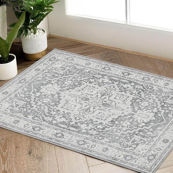 jinchan Area Rug 2x3 Entryway Rug Door Mat Vintage Indoor Entrance Flodable Thin Rug Retro Distressed Carpet Grey Multi Floral Print Gray Country Boho Rug Non Slip Doormat Bathroom Kitchen Bedroom