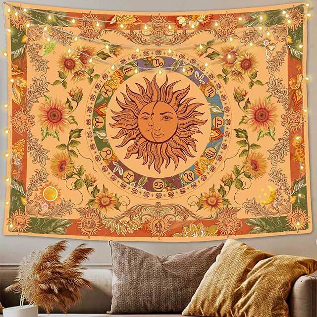 Accnicc Yellow Sun and Moon Tapestry Vintage Indie Boho Tapestry Wall Hanging with Sunflowers Butterfly Moth Constellation Aesthetic Wall Tapestries for Bedroom Dorm Living Room (Orange, 70.8'' × 90.6'')