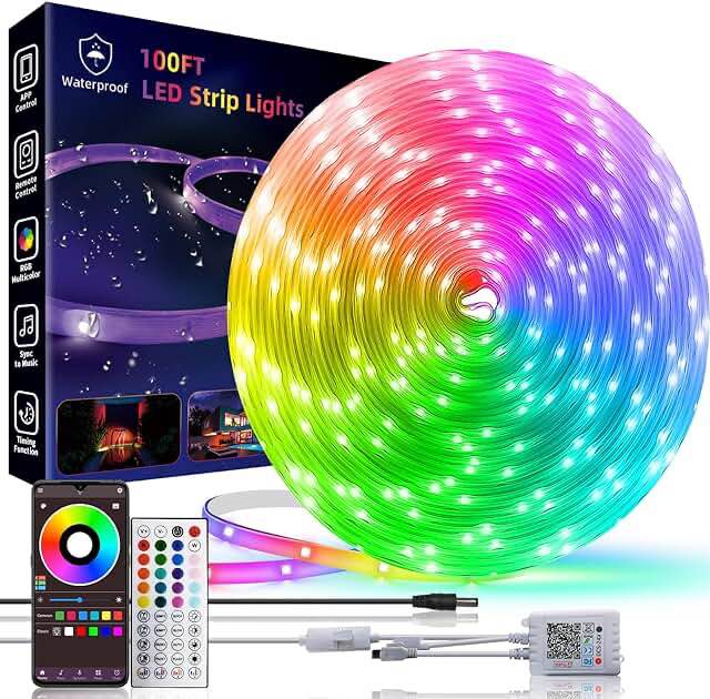 Aulimhti 100Ft Outdoor LED Strip Lights Waterproof,Music Sync RGB IP65 Outside Led Light Strips Waterproof with App and Remote,Exterior Led Rope Lights Waterproof for Deck,Balcony,Roof,Garden,Pool