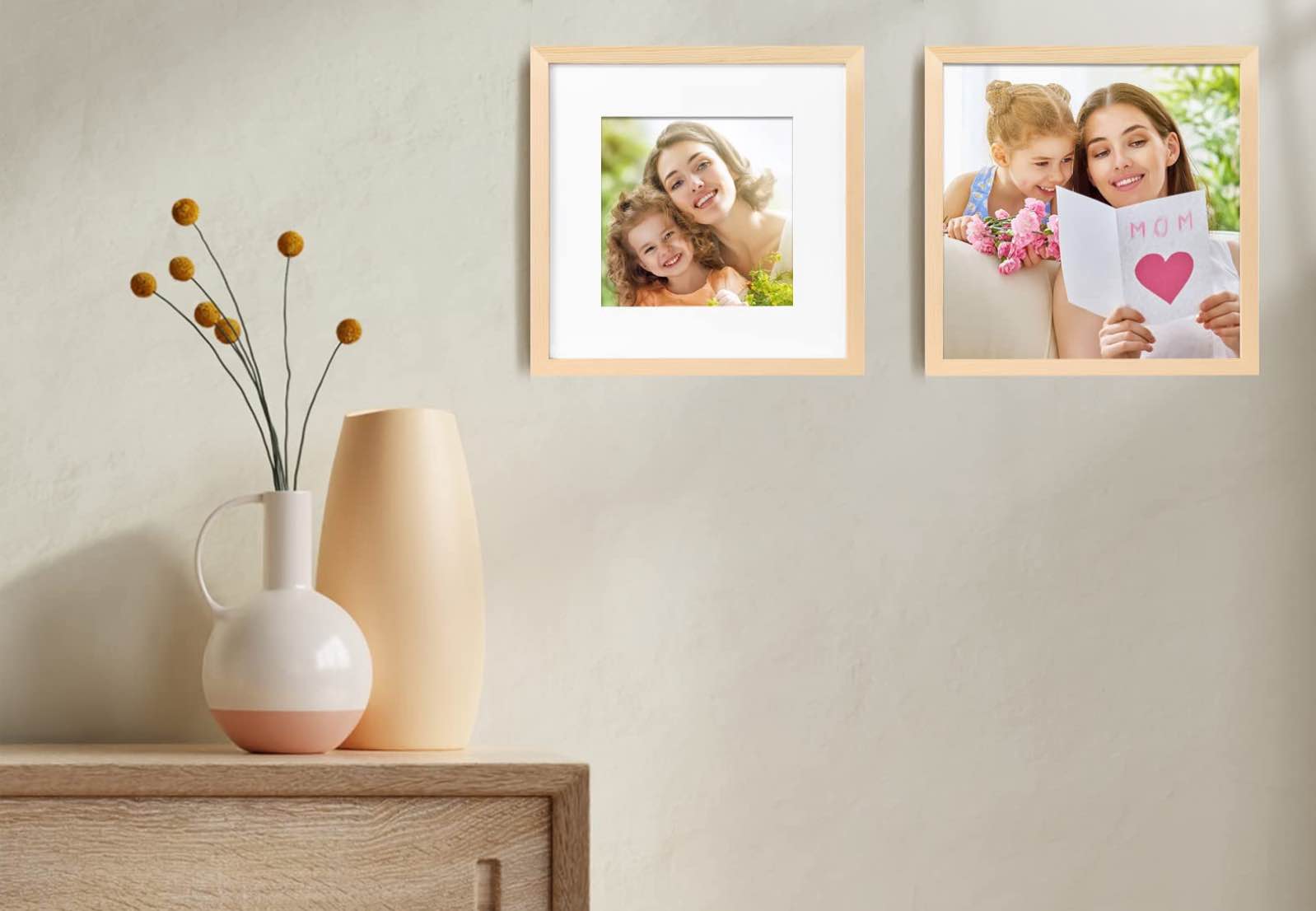 KINLINK 12x12 Picture Frames, Square Natural Wood Frames with Acrylic Plexiglass for Pictures 8x8 With Mat, Wall Mounting Display, Set of 4