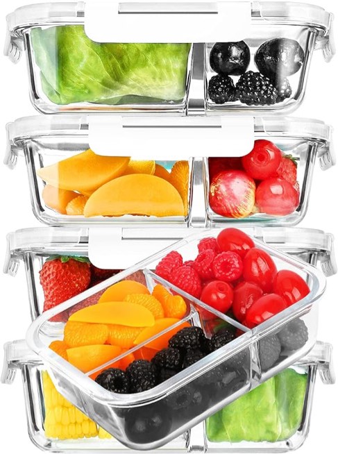 M MCIRCO [5-Pack,36 oz] Glass Meal Prep Containers 3 Compartment with Lids, Glass Lunch Containers,Food Prep Lunch Box,Bento Box,BPA-Free, Microwave, Oven, Freezer, Dishwasher (4.5 Cups, White)