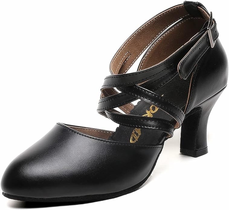 Womens Black Cross Strap Character Shoes Latin Salsa Ballroom Dance Heels Wedding Dress Pumps 7.5 Black