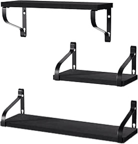BAYKA Wall Shelves for Bedroom Decor, Floating Wall Shelves for Living Room Kitchen Storage, Wall Mounted Rustic Wood Floating Shelves for Kids Books, Small Shelf for Bathroom(Black?Set of 3)