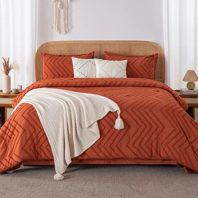 Litanika Queen Comforter Set with Sheets Burnt Orange - 7 Pieces Bed in a Bag Queen Boho Complete Beddding Sets Terracotta Rust Lightweight Bed Set with Comforter, Sheets, Pillowcases & Shams