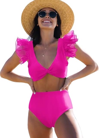 SPORLIKE Women High Waisted Swimsuit Organza Ruffle Bikini Twist Front Bathing Suit(Pink 1-18127,Large)
