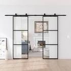 84" Metal And Glass Double Sliding Barn Door With Installation Hardware Kit ( Soft-Close Included)