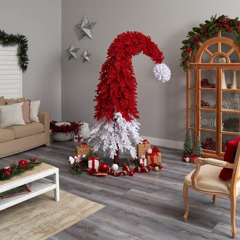 9' H Santa Hat White/Red Artificial Christmas Tree Prelit with 600 LED Lights