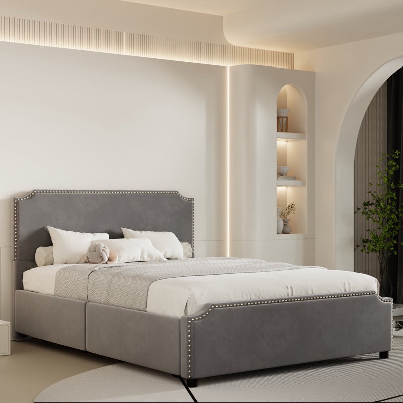 INCOMPLETE * Nayard Velvet Platform Storage Queen Bed with Rivet Design with 4 Drawers