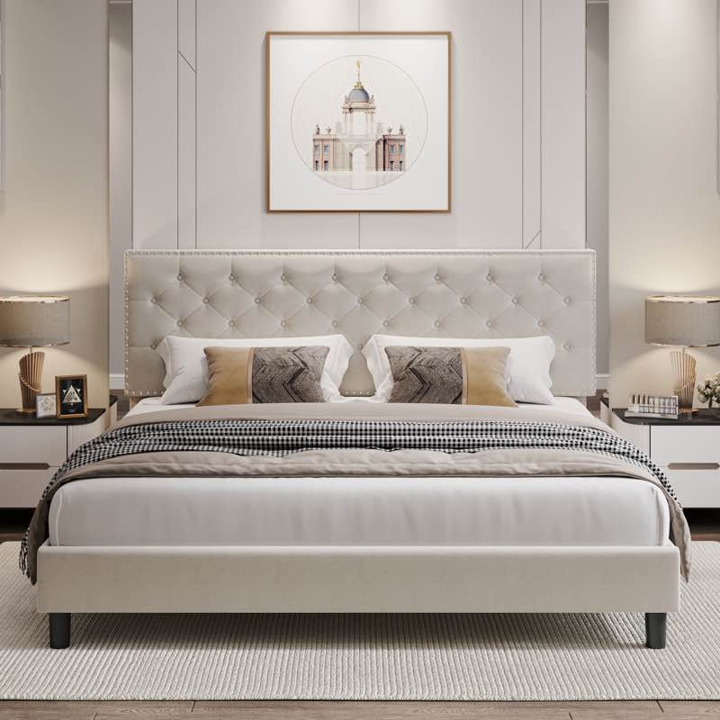 Emanuell Velvet Tufted Upholstered Bed Frame with Adjustable Headboard