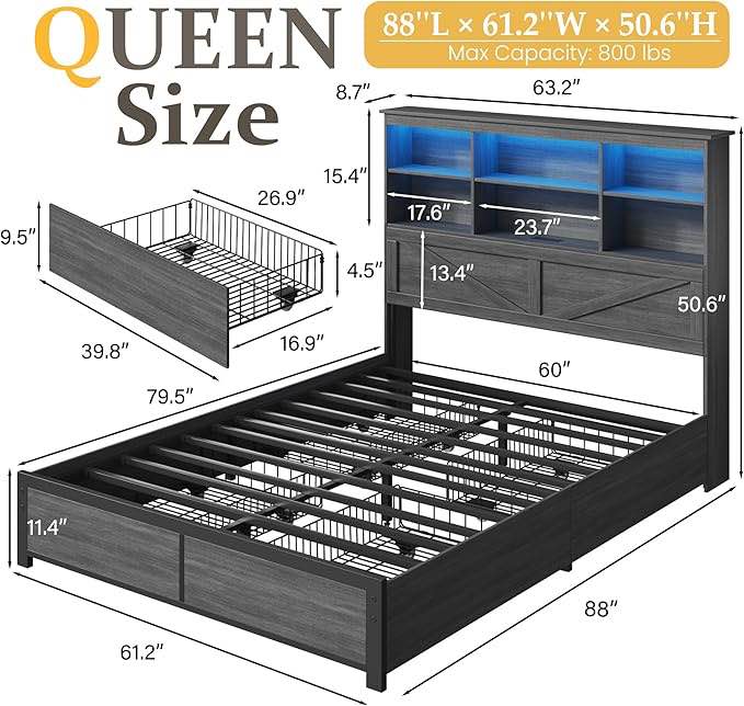 Amerlife Queen Bed frame with 4 sto
