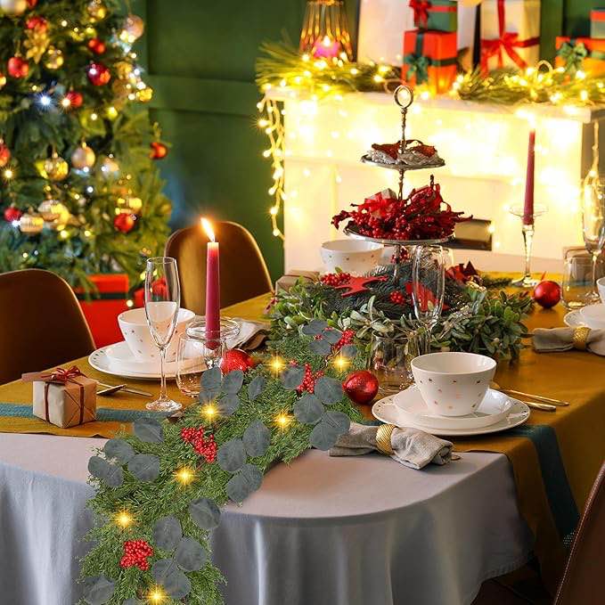 6Ft Prelit Cedar Christmas Garland Artificial Realistic Cypress Pine Needles Garland with Red Berrieies Eucalyptus Leaves LED Lights Faux Greenery Decoration for Fireplace Mantel Xmas Indoor Dcor