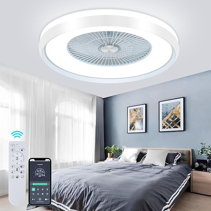 HUMHOLD Bladeless Ceiling Fan with Bright Lights - 24" Low Profile Ceiling Fan 3-Dimmable LED Light, 6 Speed 7 Blades Enclosed Ceiling Fans for Bedroom Living Room