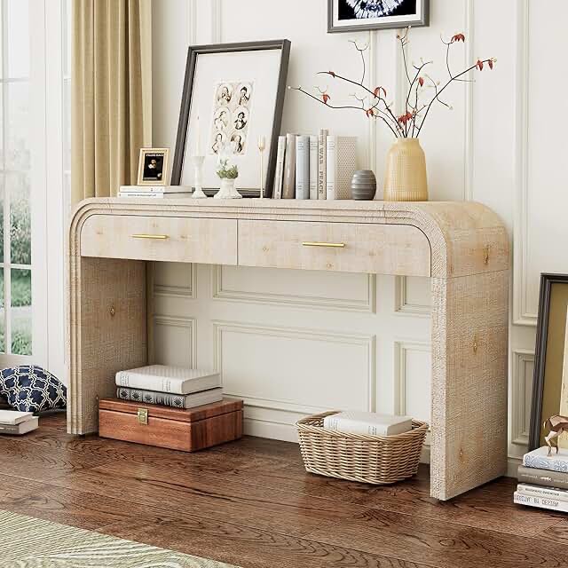 Harper & Bright Designs TREXM Unique Retro Silhouette Console Table with Open Style, Two Top Drawers for Entrance, Dinning Room, Living Room (Natural Wood Wash)