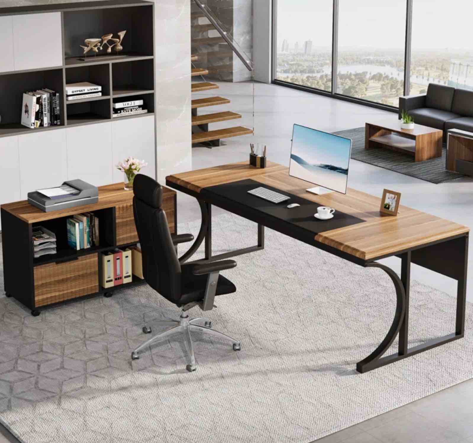 ( incomplete) Cadynce 63'' Large L-Shaped Executive Desk with Portable File Cabinet