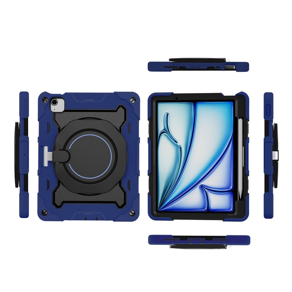 iPad Air 11 2024 Portable Rotating Ring Holder Silicone Tablet Case with Pen Slot - Navy Blue