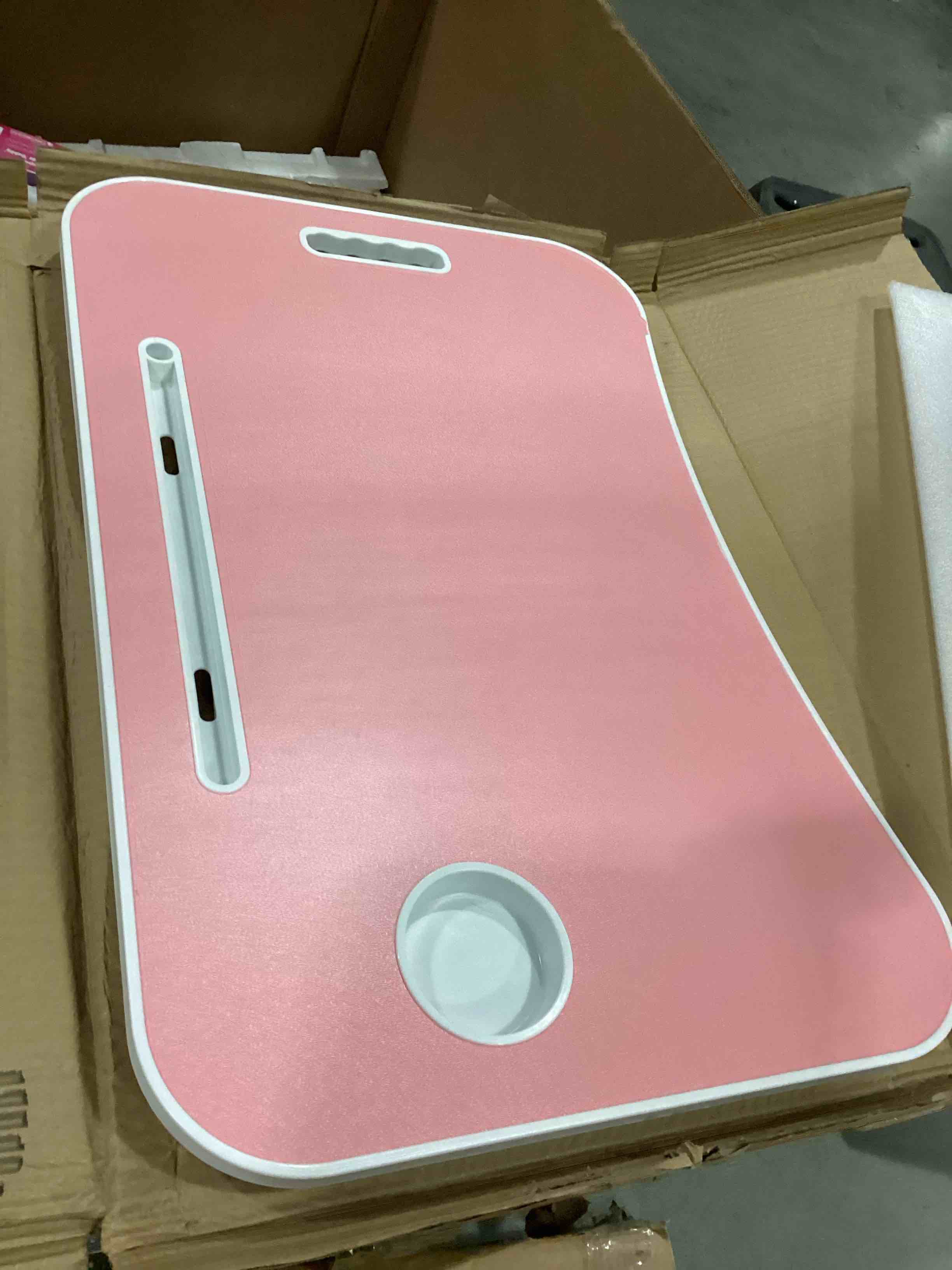 FISYOD Foldable Laptop Table, Portable Lap Desk Bed Table Tray, Laptop Stand with Cup Holder & Tablet Slot & Lifting Handle for Working Writing Drawing & Eating (Pink)