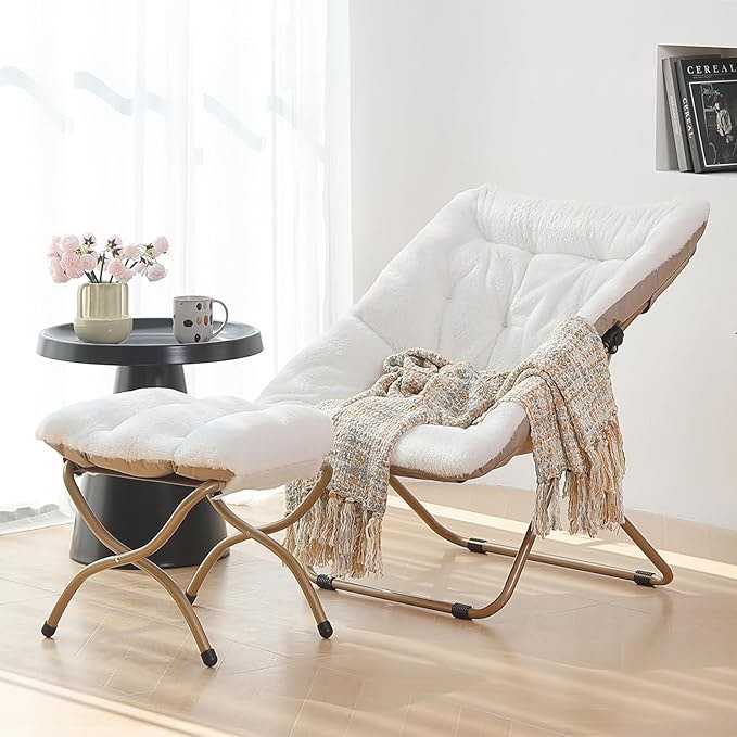 Furlide Saucer Chair with Ottoman, Comfy Bedroom Chairs, Oversized Folding Faux Fur Chair, Foldable Metal Frame Chair for Bedroom, Living Room (White)