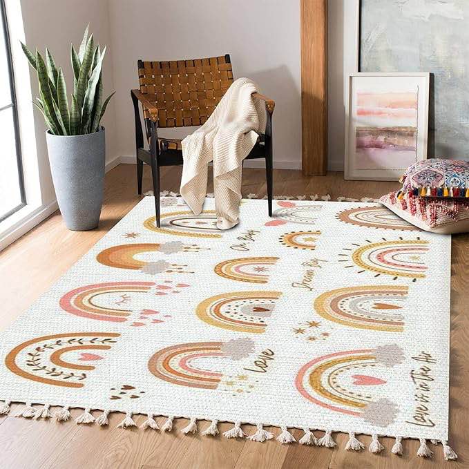 JBNJANKDAV Boho Rug Baby Rainbow Set Rainbow Kids Design Pastel Shapes Hand Drawn Cute Area Rug Carpet Patio Rug Hallway Runner Rug Mat Pad Minimalist Home Decor for Living Room Bedroom Indoor Outdoor
