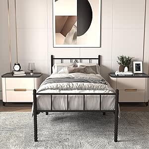 LL24-1T Twin 14 Inch Metal Platform Twin Bed Frame Mattress Foundation with Classic Iron Headboard/Footboard/Easy to Assemble/Under Bed Storage Space/Twin Size Black