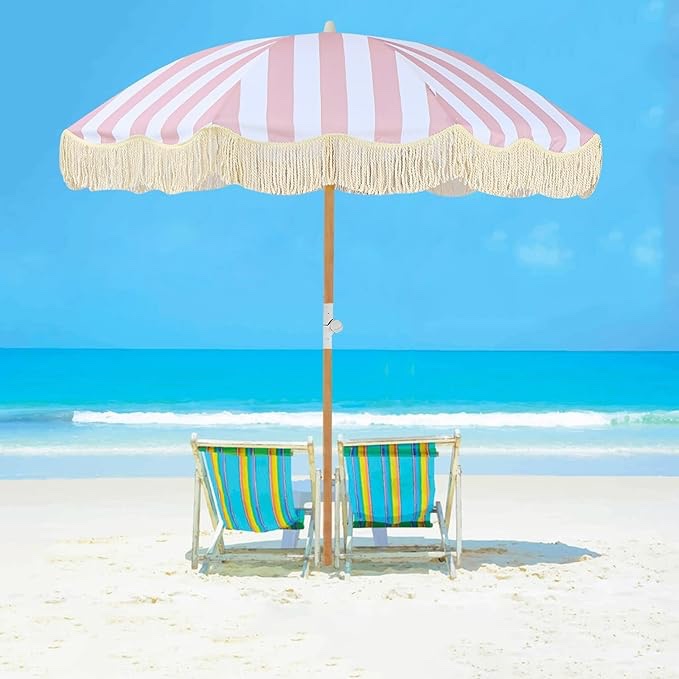 Funsite 6.5ft Boho Beach Umbrella with Fringe, UPF 50+ Tassel Umbrellas with Carry Bag, Premium Wood Pole Foldable Patio Umbrella for Outdoor Holiday Garden Lawn Pool Yard Table, Pink Stripe