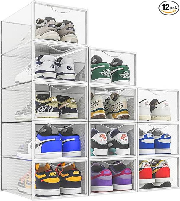 12 Pack Shoe Storage Bins, Clear Plastic Stackable Shoe Organizer for Closet, Space Saving Foldable Shoe Rack, Shoe Box Sneaker Holder Container