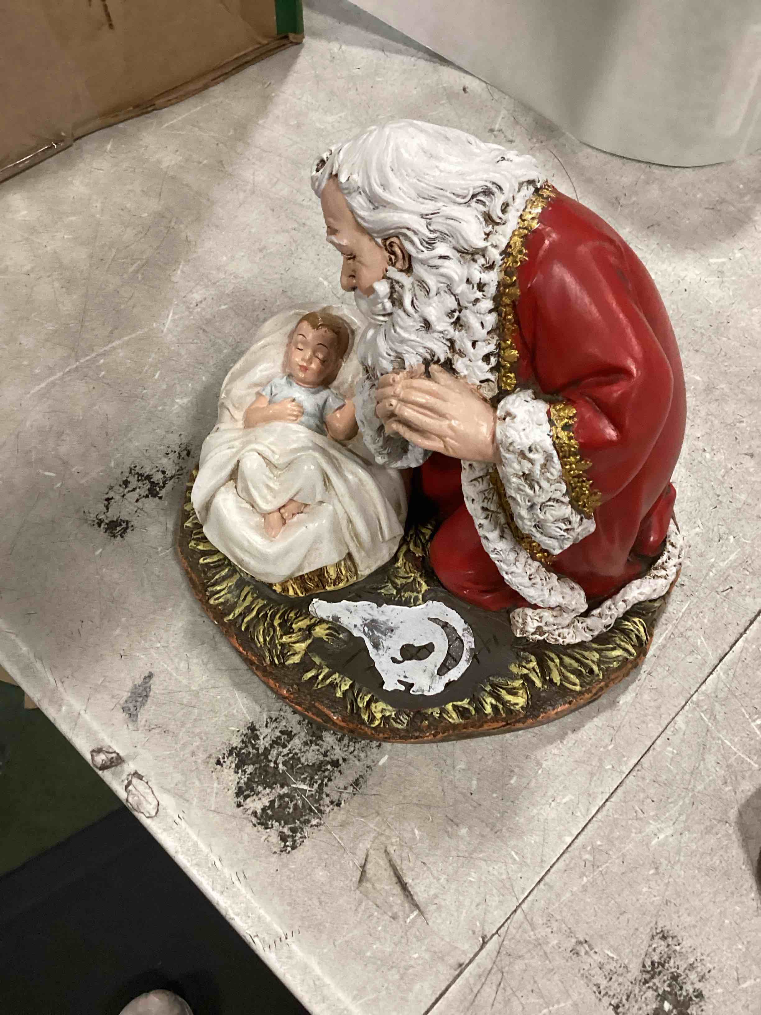 Condition photo showing Good Condition for joseph's studio by roman - santa with baby jesus and lamb figure, kneeling santa collection, 7.75" h, resin and stone, christmas decoration
